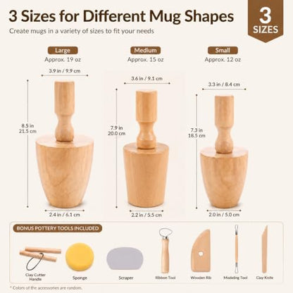 Pottery Molds for Handbuilding, 3 Sizes Ceramic Molds for Clay Mugs, 19oz/15oz/11oz Cup Forms with Ceramic Tools for Pottery, Sponge Scraper Rib Clay Knife, Beginner DIY Kit - Image 2