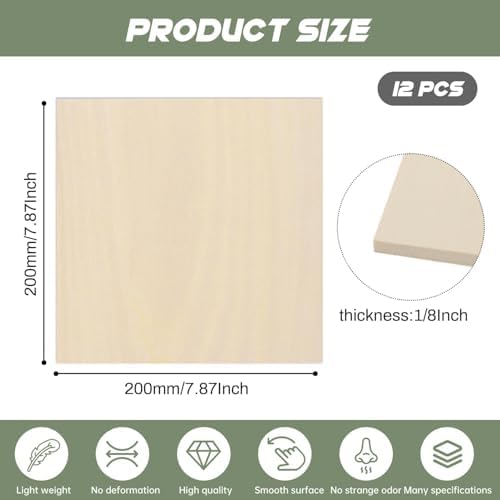 12 Pack Plywood Sheets, 7.87" x 7.87"x 1/8" Basswood Sheets - Image 2