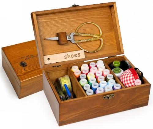 Sewing Kit, Wooden Sewing Kit Box for Adults, Wooden Sewing Basket with Accessories, Home Sewing Basket Stitching Repair Kit for Beginner, Women, Men,Vintage Embroidery Scissors Kit (Retro Brown) by BTU