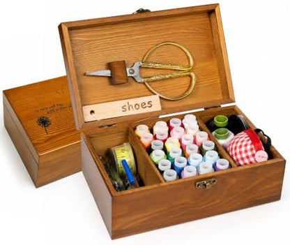 Sewing Kit, Wooden Sewing Kit Box for Adults, Wooden Sewing Basket with Accessories, Home Sewing Basket Stitching Repair Kit for Beginner, Women, Men,Vintage Embroidery Scissors Kit (Retro Brown) by BTU