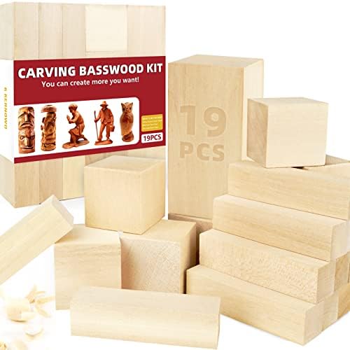 Basswood Carving Blocks, 19PCS Whittling Wood Blocks Kit with 3 Different Sizes, Bass Wood for Carving Easy to Use, for Kids and Adults by KKERNOWO
