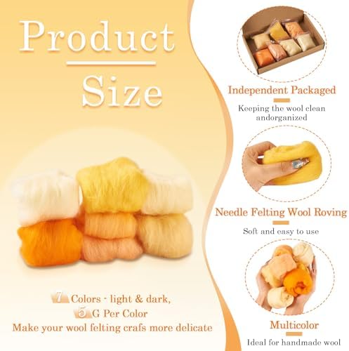 Beadthoven 7 Colors Felting Wool Roving Gradient Color Needle Felting Wool Roving Yarn Fiber Spinning Wool Roving for Needle Felting, DIY Hand Spinning, Wet Felting, DIY Craft Orange 35G - Image 2