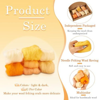 Beadthoven 7 Colors Felting Wool Roving Gradient Color Needle Felting Wool Roving Yarn Fiber Spinning Wool Roving for Needle Felting, DIY Hand Spinning, Wet Felting, DIY Craft Orange 35G - Image 2