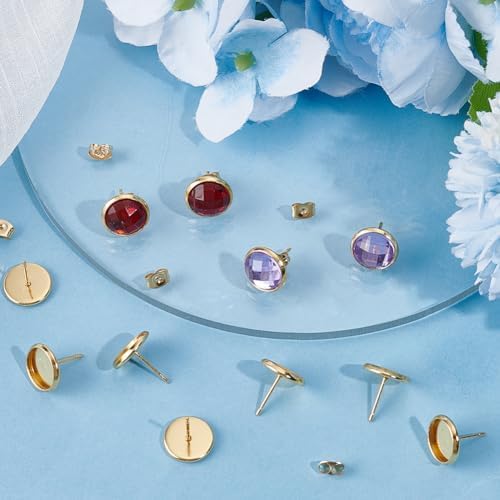 Beebeecraft 1 Box 50Pcs Earring Bezels Trays 18K Gold Plated Blanks Round Cabochon Prong Post Settings Stud Earring Findings with 10mm Tray and 50Pcs Earring Backs for Earring Jewelry Making - Image 4