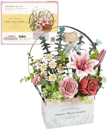 ROBOTIME 3D Wooden Puzzles for Adults, TW03H Wooden Flower Basket Craft Kit, Artificial Flowers Handheld Gift Box, Unique Gift for Birthday/Holidays/Homewarming by ROBOTIMEBuildingThingstoLife