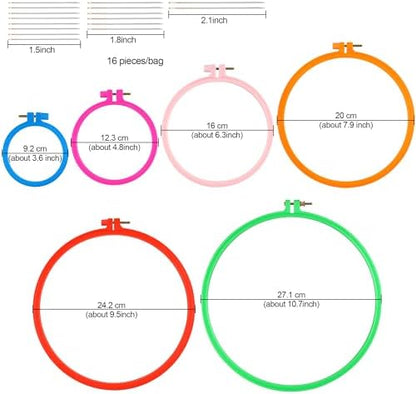 Phinus 6 Pcs Embroidery Hoop 6 Size, Round Plastic Cross Stitch Hoop with 16 Needles (3.6In to 10.7 in), Small Embroidery Hoop, Cross Stitch Hoops, Frames, Embroidery, Craft Sewing(Multicolor) - Image 2