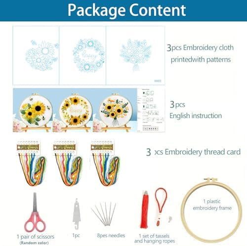 Zhenqing Sunflower Embroidery Kit 3 Designs | 11.4"x11.4" Beginner-Friendly Hand Embroidery Set with Hoop & DMC Threads | DIY Home Wall Decor, Mindful Gift for Mothers Day C0005 - Image 4