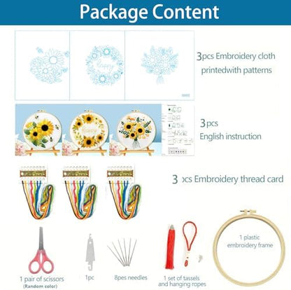Zhenqing Sunflower Embroidery Kit 3 Designs | 11.4"x11.4" Beginner-Friendly Hand Embroidery Set with Hoop & DMC Threads | DIY Home Wall Decor, Mindful Gift for Mothers Day C0005 - Image 4