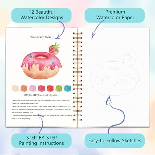 Easy Watercolor Workbook for Beginners - 12 Beautiful Step-by-Step Paintings Water Coloring Book, Includes 16 Colors Paints, Relaxing Art Projects and Creative Gift for Adults & Teen (Candy) - Image 3