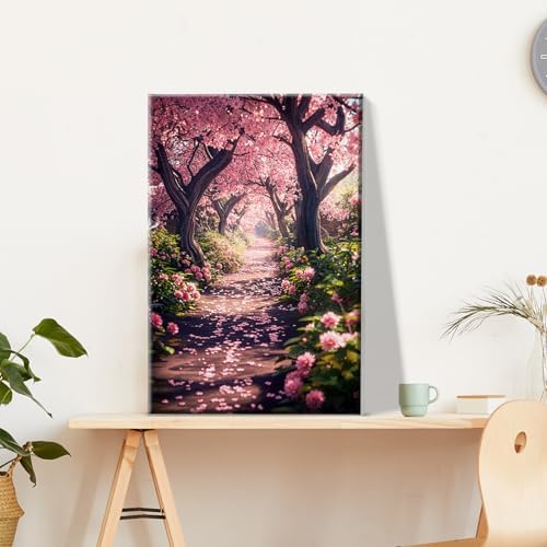 JOOZ Paint by Numbers Kit for Adults Landscape Paint by Number with Frame DIY Cherry Blossom Paint by Number with Easel Flowers Paint by Numbers Kit on Canvas for Gift Home Wall Decor 7.87x11.81 Inch - Image 2