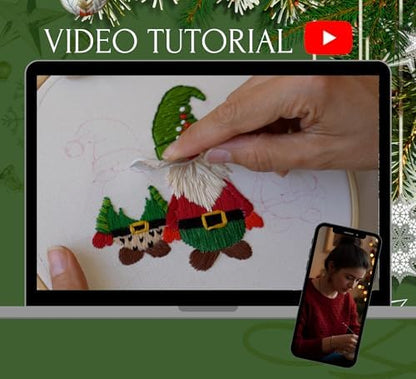 Looples Embroidery Kit for Beginners and Adults with Video Tutorials – DIY Starter Kit with 3 Stamped Floral Patterns, Hoops, Threads, Needles, and Instructions (Gnomes, Ornaments & Holiday Wreath) - Image 4
