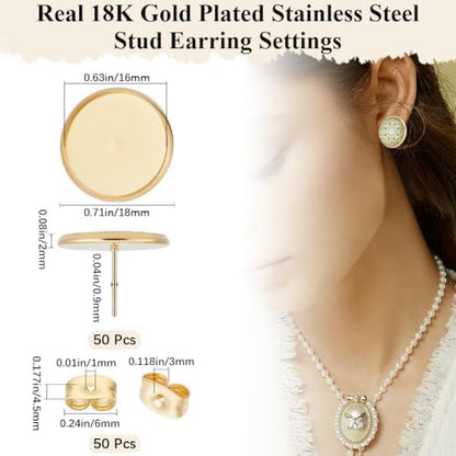 Beebeecraft 1 Box 50Pcs 16mm Cabochon Earring Blanks 18K Gold Plated Stainless Steel Stud Earrings Findings Round Tray Bezel Cup Earring Settings Posts and Back for Jewelry Making Kit Resin Craft - Image 2
