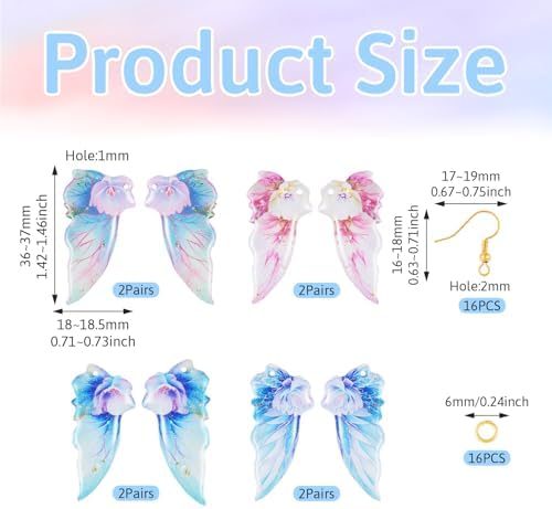 FASHEWELRY 16Pcs Resin Angel Wings Charms Sequins Butterfly Wing Pendants Pastel Pink Blue Fairy Wing Charms with Earring Hooks Jump Rings for Jewelry Making - Image 2