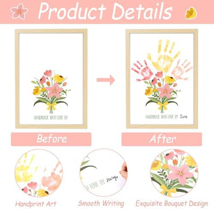 QOUBAI Flower Bouquet Handprint Art Craft DIY Kit Mother's Day Gifts from Daughter or Son Children Adults Handprint Keepsake for Mom Grandma Birthday Gifts Christmas (12X16in, with Wood Frame) - Image 3