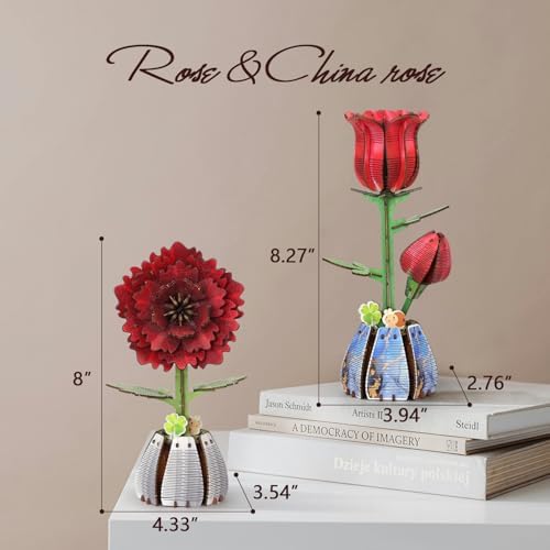 Jege 3D Flowers Wooden Puzzles for Adults, DIY Building Set with 2 Flowers, 2 Perfume Bottles & Diffuser Sticks, Creative Craft Gifts & Home Decor (Rose + China Rose) - Image 2