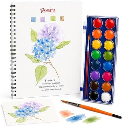 Teswarha Flowers Watercolor Workbook With12 Sheets 300GSM Art Paper 16 Colors Watercolor Paint Set with 2 Watercolor Brushes Water Coloring Book Kit for Adults Teens 8.2 x 9.8in by Unknown