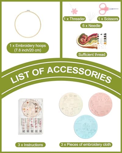 Santune 3 Sets Embroidery Kit for Beginners Adults,Learn Over 30 Different Stitches,DIY Cross Stitch Kits,Including Clear Instructions,Video Tutorials,Stamped Flower Patterns,Hoop,Color Threads,Tools - Image 4