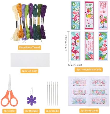ORIGACH 6 Pcs Cross Stitch Bookmark Kit for Beginner Flamingo Bird Pattern Stamped Embroidery Stitch Kits for Starter DIY Bookmarks Printed Cross Stitch Kits for Book Lovers - Image 2