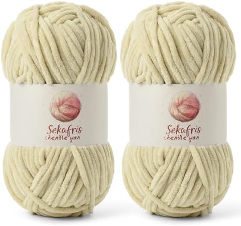 Chenille Blanket Yarn for Crocheting Size 5 Bulky Yarn, 2 Beige by Sekafris