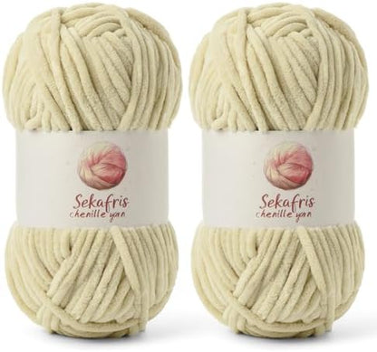 Chenille Blanket Yarn for Crocheting Size 5 Bulky Yarn, 2 Beige by Sekafris