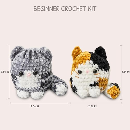 HOUSE CREATIVITY Chenille Crochet Kit for Beginners, Make 2 Ultra-Soft Cat Plushies, Amigurumi Crochet Starter Kit with Video Tutorial, Plush DIY Craft Kit with Chenille Yarn, Hook, Eyes & Stuffing - Image 2