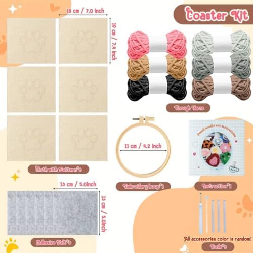 Avtytsda 6PCS Punch Needle Coaster Kit,Easy Punch Needle DIY Embroidery Set with Tools, Yarns, Hoop, Instructions Easy for Beginners, Kids, Adults, Handmade Gift and Decoration (Cat's paw) - Image 5