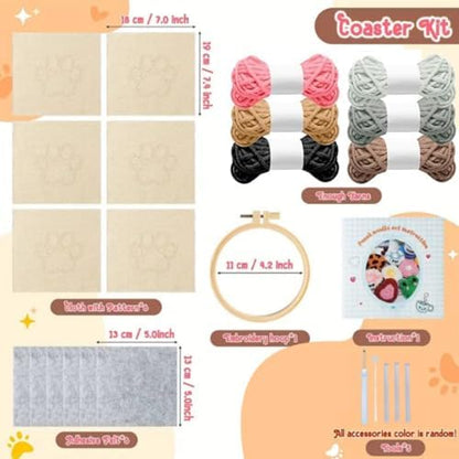 Avtytsda 6PCS Punch Needle Coaster Kit,Easy Punch Needle DIY Embroidery Set with Tools, Yarns, Hoop, Instructions Easy for Beginners, Kids, Adults, Handmade Gift and Decoration (Cat's paw) - Image 5