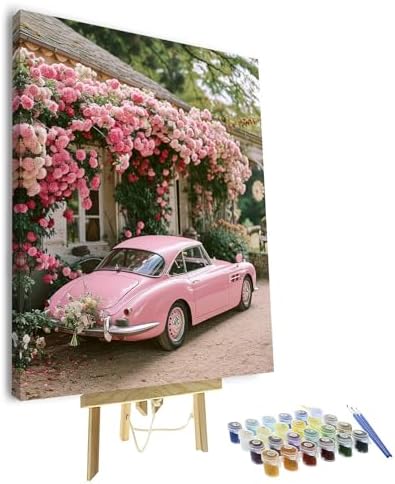 TUMOVO Framed Paint by Numbers Kit for Adults Pink Car, Flowers Painting Kits for Beginners, DIY Acrylic Paint by Numbers Kits on Canvas, Oil Painting Paintwork Art Crafts for Home 16"x20" by TUMOVO