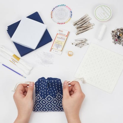 INFUNLY 3 Set Sashiko Drawstring Bag Kits Sashiko DIY Tote Bag Kit Flower Sashiko Fabric Kit for Beginners Make Your Own Tote Bag with Thread Needles Hand Sewing Set for Adults - Image 5