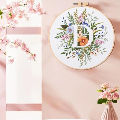 IUHUI Embroidery Kit for Beginners Adults - 26 Floral Letters Easy Patterns, DIY Hand Stitching Embroidery Set with Hoop (Flower and Grass Letter D) - Image 2