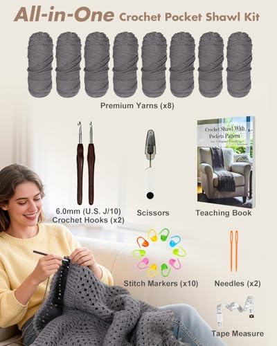 Arborthread Crochet Kit for Beginners, Easy All-Season Pocket Shawl Grey - Image 6
