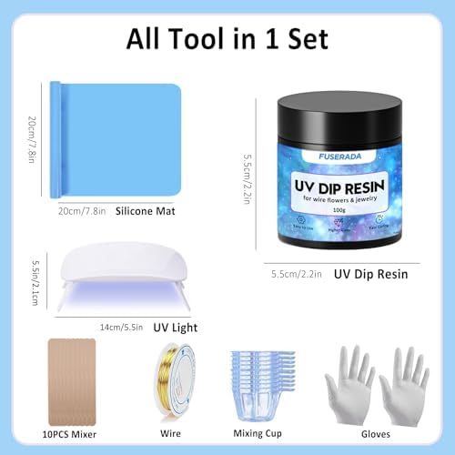 25PCS UV Dip Resin Kit for Wire Flowers Jewelry, 100g UV Dip Resin with Light Set, Crystal Clear Fast Curing Resin, Silicone Mat, UV Dip Epoxy Resin Jewelry Making Kit Supplies, DIY Art Crafts - Image 7
