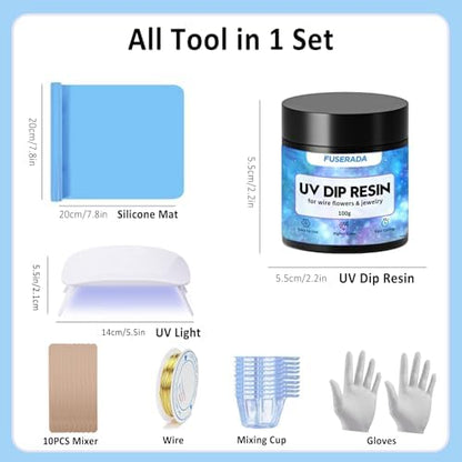 25PCS UV Dip Resin Kit for Wire Flowers Jewelry, 100g UV Dip Resin with Light Set, Crystal Clear Fast Curing Resin, Silicone Mat, UV Dip Epoxy Resin Jewelry Making Kit Supplies, DIY Art Crafts - Image 7