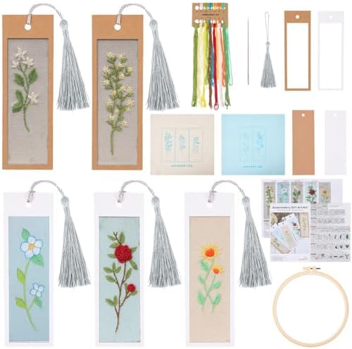 SUNNYCLUE DIY 5 Sets Embroidery Bookmark Set Bookmark Making Kit Instruction Included Cross Stitch Bookmark Floral Plant Flower Counted Cross Stitch Kits for Beginners Adults School Office Gifts Craft by SUNNYCLUE