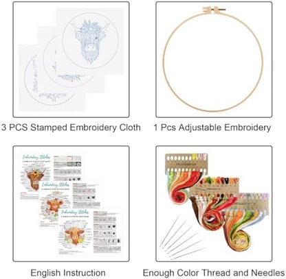 Louise Maelys 3 Set Highland Cow Embroidery Kit for Beginners Floral - Image 2