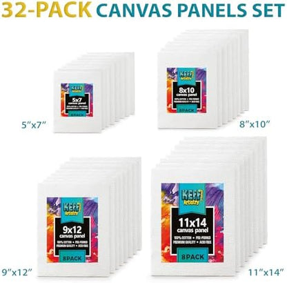 KEFF 32-Pack Bulk Canvas for Painting, 8 of 5x7, 8x10, 9x12, 11x14 Canvas Boards for Painting, Art Supplies for Adults & Kids - 100% Cotton Primed Painting Canvas for Acrylic, Oil, Watercolor, Tempera - Image 2