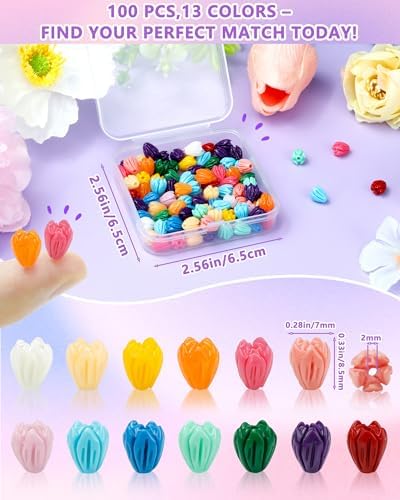 FIVEIZERO Flower Charms, 100PCS Resin Flower Beads, 13 Colors - Image 2
