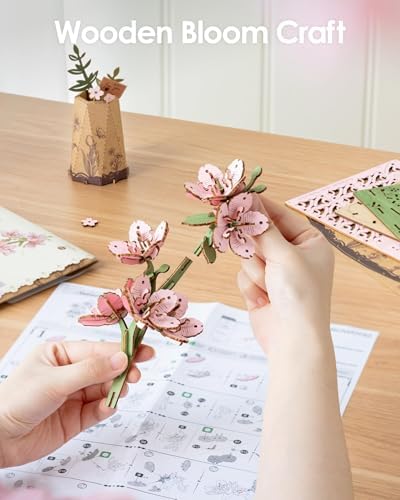 ROBOTIME 3D Puzzle Sakura TW101, DIY Wooden Flower Craft, Artificial Flowers Model Kit to Assemble for Adults, Home Decoration and Valentine's Day Toy Gift Set - Image 2