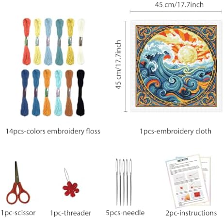 FREEBLOSS 11CT Stamped Cross Stitch Kits Sunrise&Waves Cross Stitch Wall Hanging Kit Complete Embroidery Kits with Instruction for Needlepoint Adults Wall Art Decoration 18 * 18in/45 * 45cm - Image 2