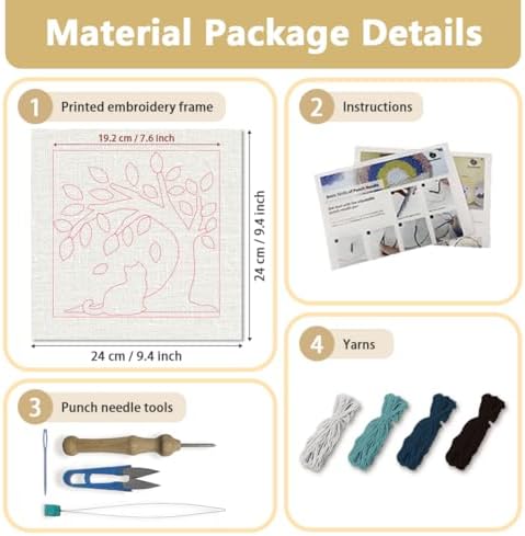Doodlream Cat Under Tree Needle Kit for Beginner, 9.4"x 9.4" Black Kitty Punch Stitching Craft Set, DIY Embroidery Starter with Printed Frame, Instruction, Threader, Yarn, Pinch Needle - Image 2