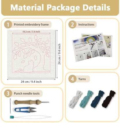 Doodlream Cat Under Tree Needle Kit for Beginner, 9.4"x 9.4" Black Kitty Punch Stitching Craft Set, DIY Embroidery Starter with Printed Frame, Instruction, Threader, Yarn, Pinch Needle - Image 2