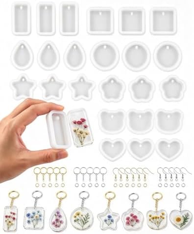 24 Pcs Resin Keychain Molds, 8 Shapes, 8mm Thick Silicone Molds with Holes by YANJNPN