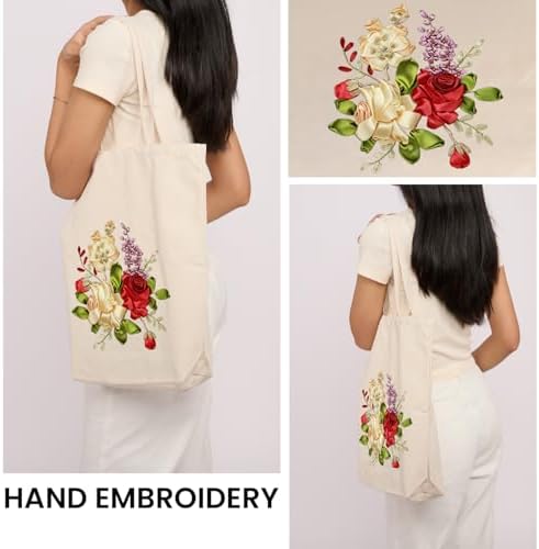 CREAWONDER Canvas Tote Bag Embroidery Kit with Pattern for Beginners, Arts and DIY Embroidery Crafts Kits for Adults, Include Instructions, Embroidery Hoops, Color Threads and Tool - Image 2