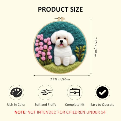 Zovylks Needle Felting Kit for Adults, 7.9 Inch Wool Felt Painting DIY Craft Set for Beginners, Needle Felt Starter Kit with Picture Frame, Foam Pad, Finger Cot (Dog) - Image 2
