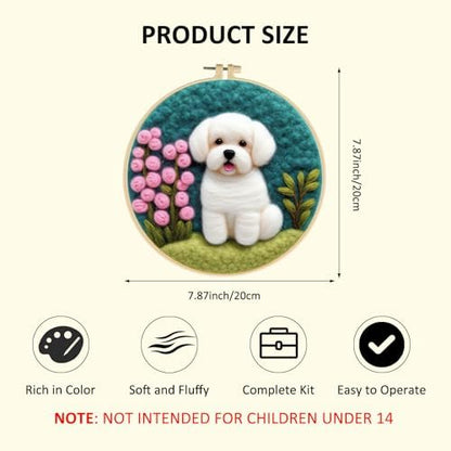 Zovylks Needle Felting Kit for Adults, 7.9 Inch Wool Felt Painting DIY Craft Set for Beginners, Needle Felt Starter Kit with Picture Frame, Foam Pad, Finger Cot (Dog) - Image 2