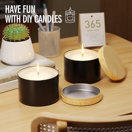 24 Pack 4oz Candle Tins with Lids - Empty Black Metal Candle Jars with Wood Grain Lids, Seamless Leak-Proof Containers, Bulk DIY Candle Making Supplies for Adults & Small Business - Image 6