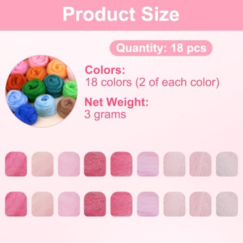 Ainiv 18 Pcs Needle Felting Wool, 9 Colors x 2 Packs Wool Roving, Pink - Image 2