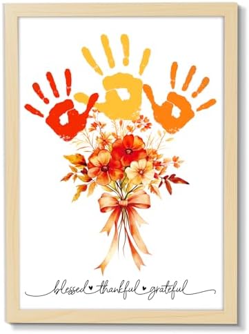 Fall Thanksgiving Flower Bouquet Handprint Art Craft DIY Kit Thanksgiving Day DIY Gifts Fall Thankful Family Handprint Art Keepsake with Wood Frame for Mom Dad Friend Holiday Birthday 12x16 Inch by QOUBAI