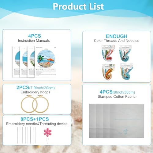 4 Set Ocean Embroidery Kit for Beginners Adults Embroidery Starter Kit Ocean Beach Pattern Spring Summer Hand Crewel Embroidery Kit Cross Stitch Kit Include Instruction 2 Hoops Color Threads Needles - Image 3