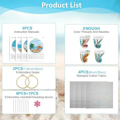 4 Set Ocean Embroidery Kit for Beginners Adults Embroidery Starter Kit Ocean Beach Pattern Spring Summer Hand Crewel Embroidery Kit Cross Stitch Kit Include Instruction 2 Hoops Color Threads Needles - Image 3
